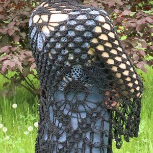 Handmade Black Crochet Lace Shawl Wrap
